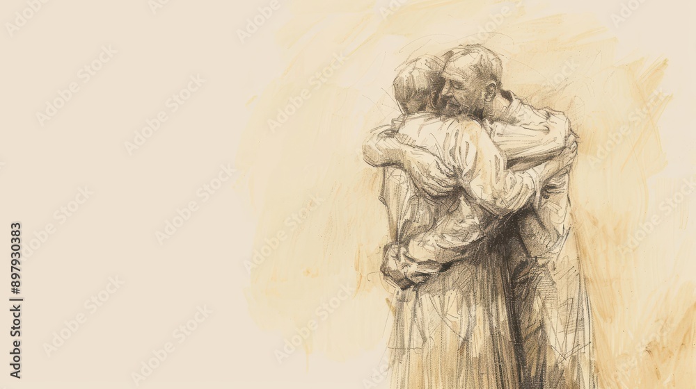 Fototapeta premium Genesis,Jacob Blesses Ephraim and Manasseh:Scene of Jacob Hugging Ephraim and Manasseh, Bold Pencil Sketch, Minimalist Modern Biblical Illustration, Soft Beige Background 