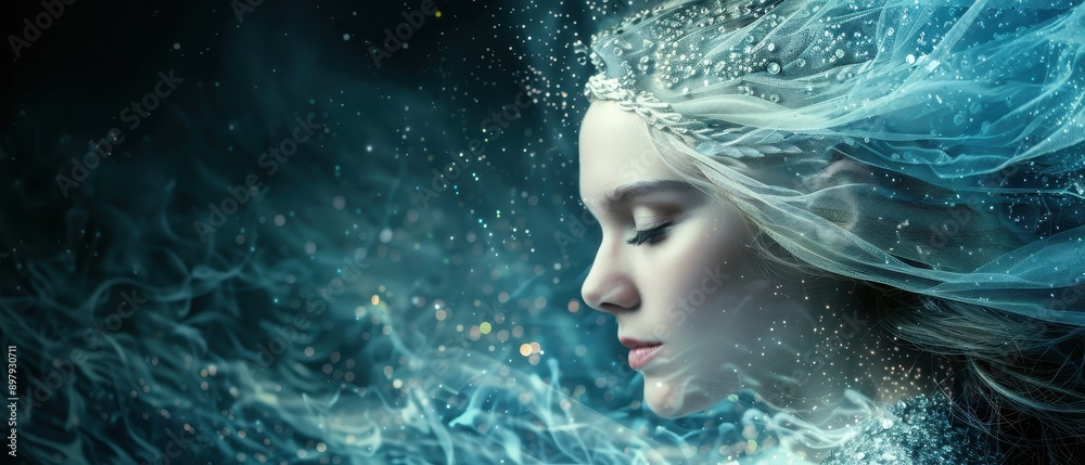 Enchanting Portrait of a Woman in Ethereal Veil with Sparkling Details and Mystical Atmosphere Enchanting Portrait of a Woman in Ethereal Veil with Sparkling Details and Mystical Atmosphere