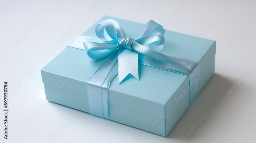 Elegantly Wrapped Blue Gift Box with Ribbon and Bow on White Background Elegantly Wrapped Blue Gift Box with Ribbon and Bow on White Background