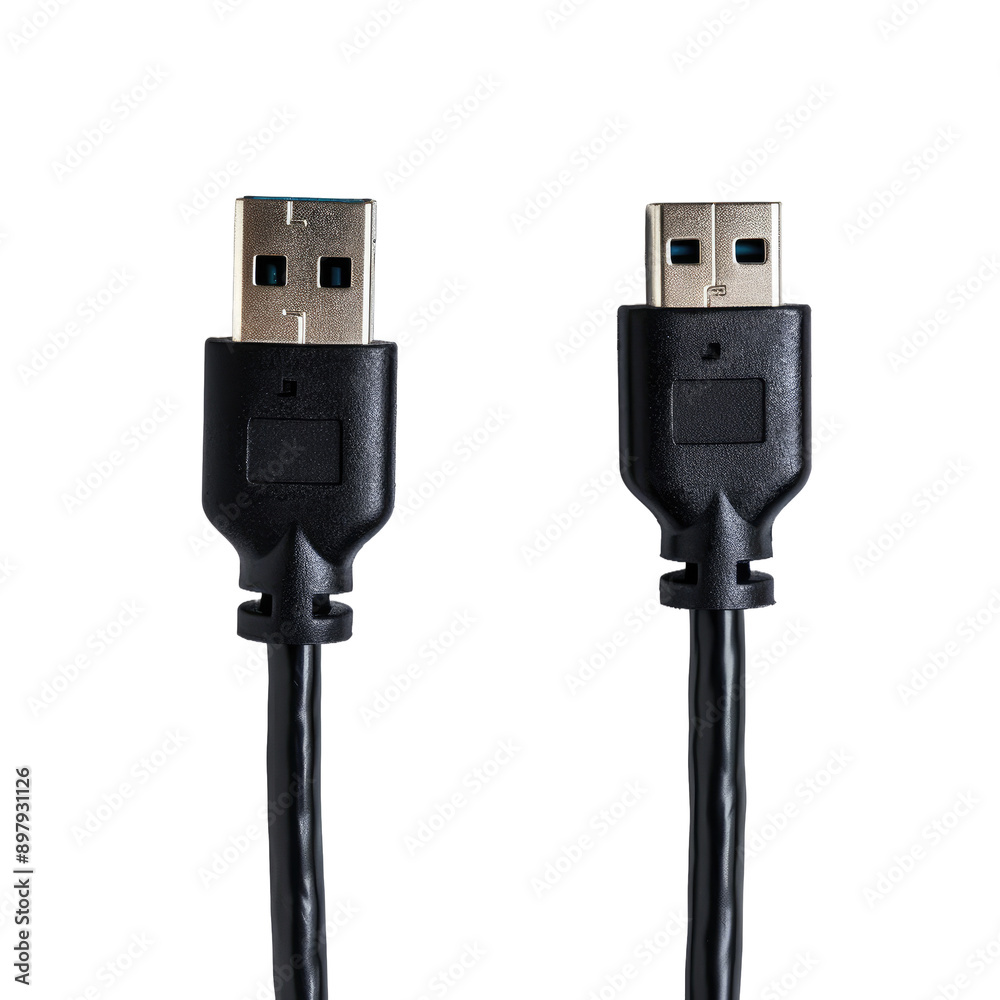 Black wire cable of usb and adapter isolated on white background.Electronic Connector.Selection focus Black wire cable of usb and adapter isolated on white background.Electronic Connector.Selection focus