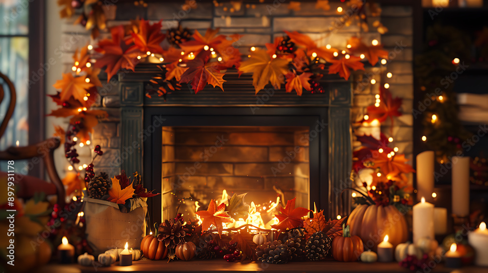 A warm, cozy fireplace decorated with autumn leaves, pumpkins, pinecones, and string lights, creating a festive fall atmosphere. A warm, cozy fireplace decorated with autumn leaves, pumpkins, pinecones, and string lights, creating a festive fall atmosphere.