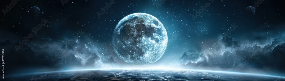 Fototapeta premium Stunning Full Moon Over Earth with Starry Sky and Clouds in Space