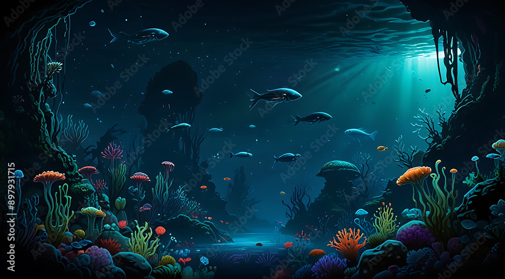 Obraz premium A mesmerizing illustration of an alien underwater world, featuring strange marine creatures, bioluminescent plants, and submerged alien structures, with space for text.