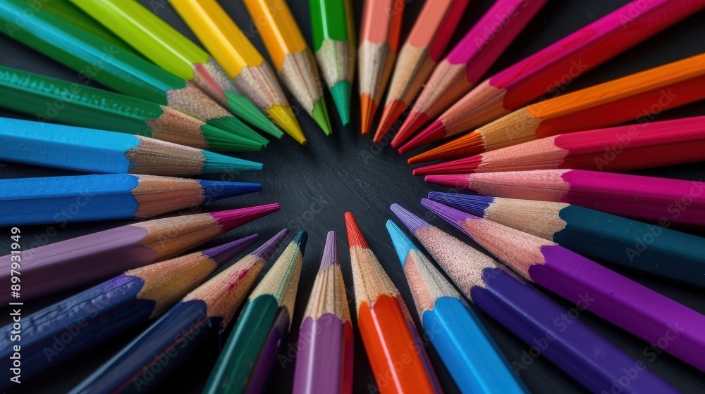 A vibrant arrangement of colored pencils in a circular pattern, showcasing a spectrum of bright hues for artistic inspiration. A vibrant arrangement of colored pencils in a circular pattern, showcasing a spectrum of bright hues for artistic inspiration.