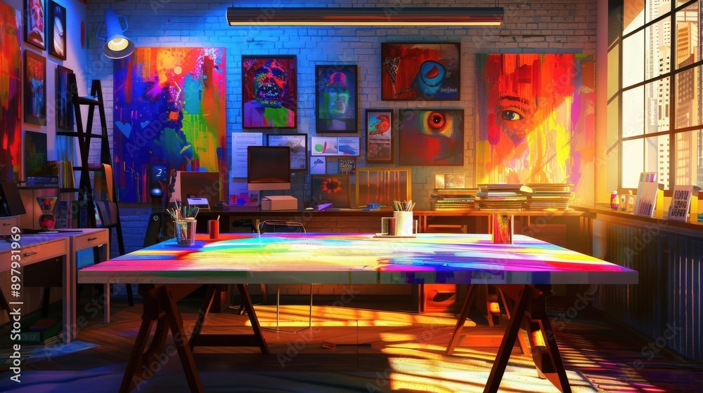 A vibrant art studio filled with colorful paintings, creative tools, and soft natural light, perfect for inspiration and artistic expression. A vibrant art studio filled with colorful paintings, creative tools, and soft natural light, perfect for inspiration and artistic expression.