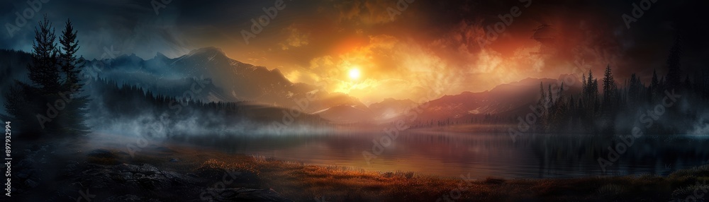 Stunning Sunset Over Misty Mountain Lake with Dramatic Sky and Reflections in Water Stunning Sunset Over Misty Mountain Lake with Dramatic Sky and Reflections in Water