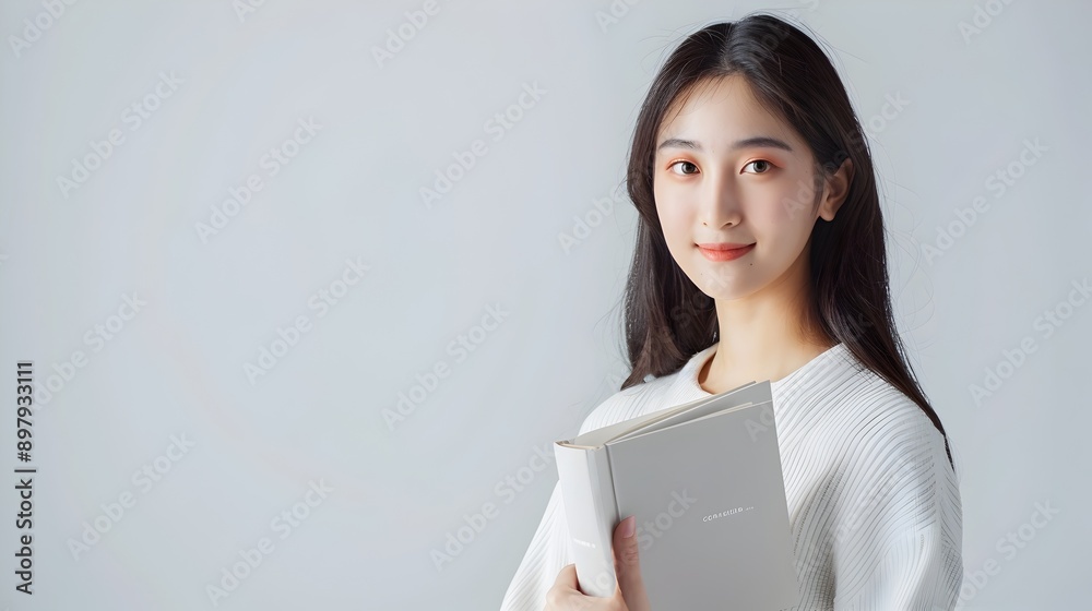 Young Asian Woman Holding and Presenting a Book or Magazine with Ample Space for Text Young Asian Woman Holding and Presenting a Book or Magazine with Ample Space for Text