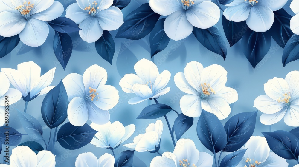 Stylized Monochrome Jasmine Flower Blooms Over Soft Blue Background Stylized Monochrome Jasmine Flower Blooms Over Soft Blue Background