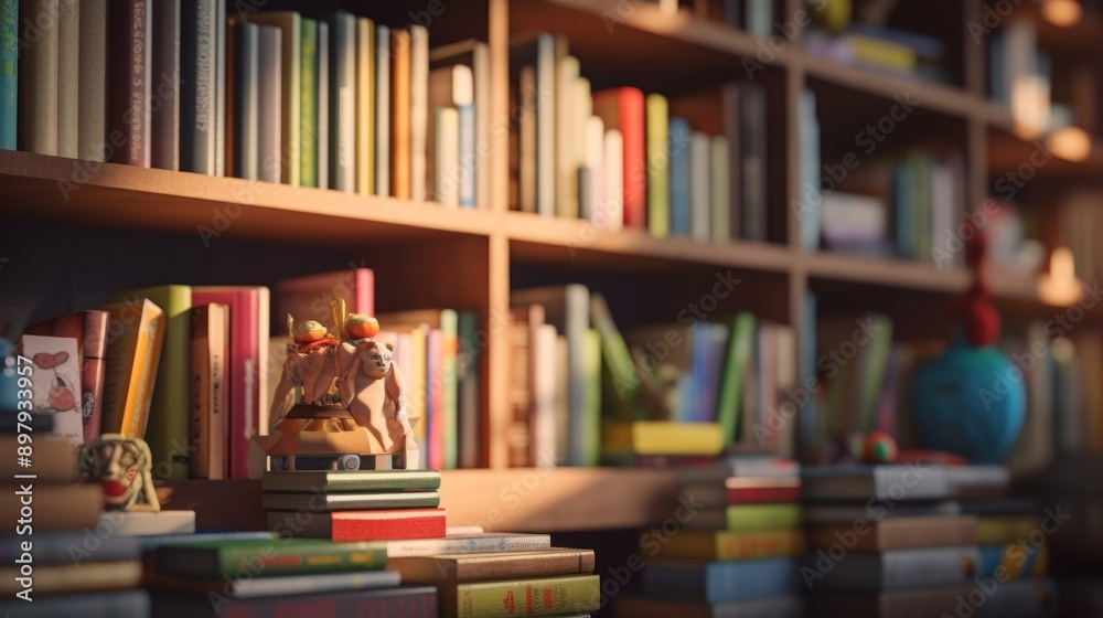 Bookshelf filled with colorful books and a small figure on top of a stack of books. Bookshelf filled with colorful books and a small figure on top of a stack of books.