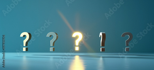 a row of question marks with an exclamation mark in the middle, blue background