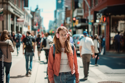 Young woman walking in busy city street wearing headphones.