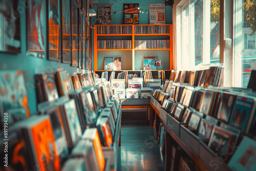 Cozy vinyl record store with rows of albums.