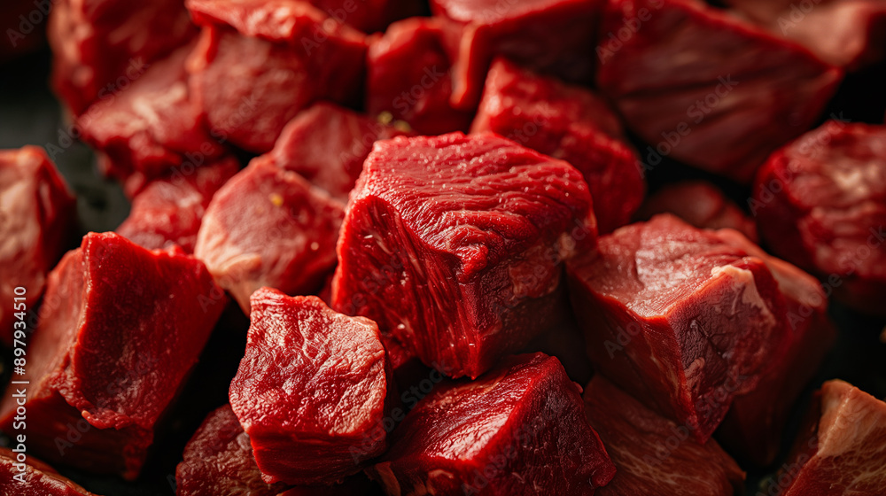Close-up of raw, cubed red meat in a pile. Close-up of raw, cubed red meat in a pile.
