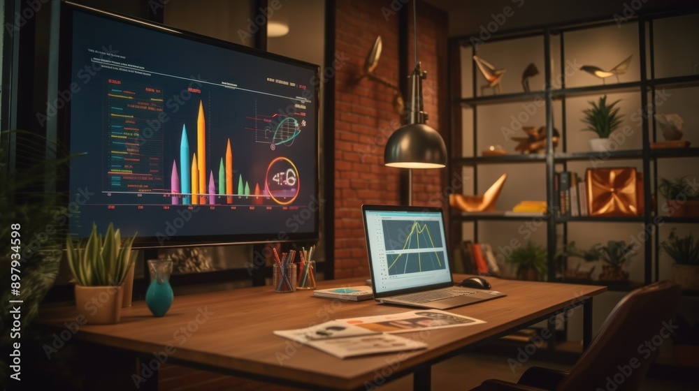 Modern Office Interior with Data Analysis Displays