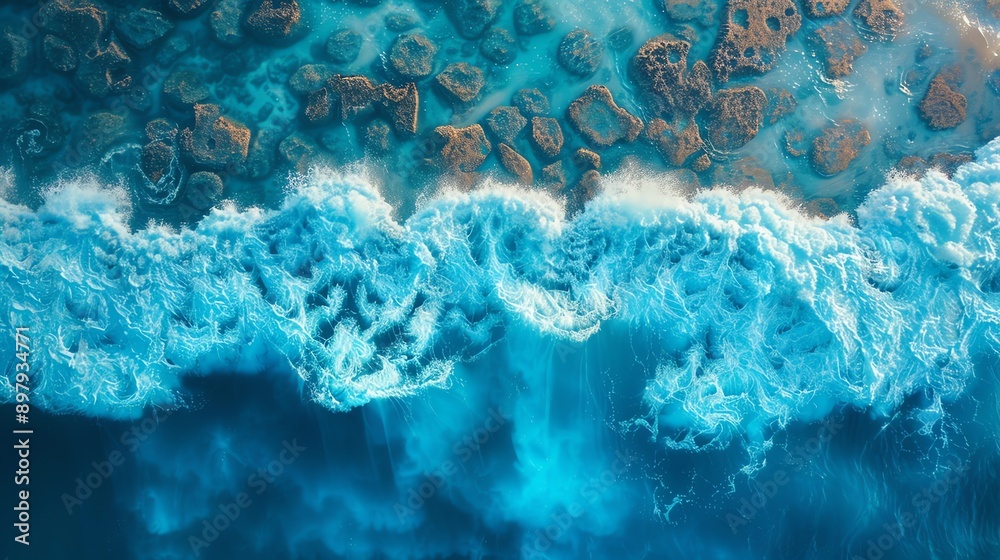 Aerial view of ocean waves crashing on rocks. Aerial view of ocean waves crashing on rocks.