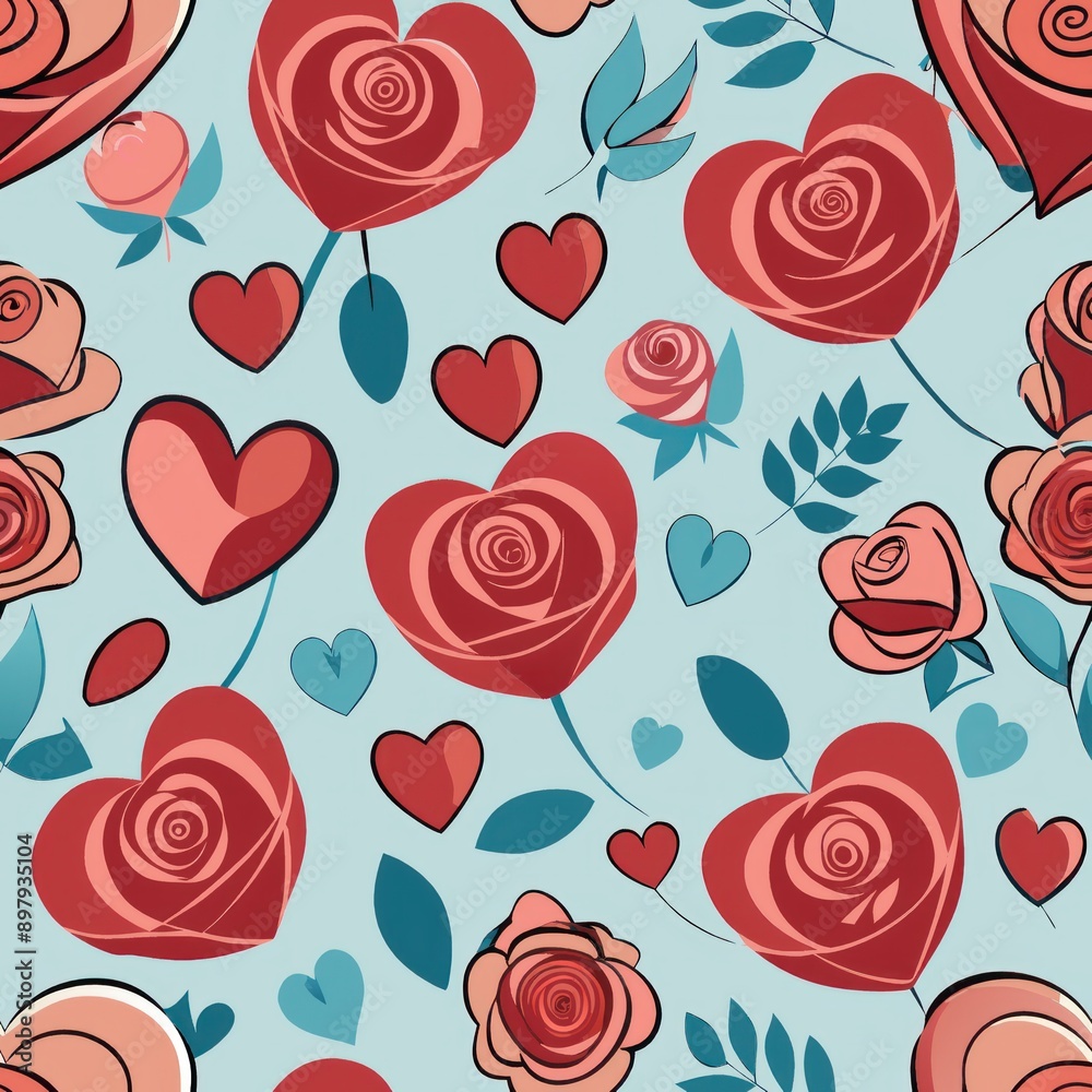 Seamless pattern of Valentine's hearts and roses, Generative AI