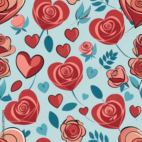 Seamless pattern of Valentine's hearts and roses, Generative AI