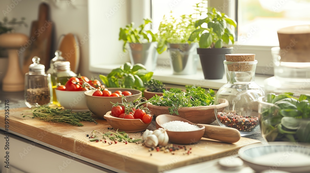 Fresh Culinary Ingredients on Kitchen Counter for Healthy Cooking - Generative AI Fresh Culinary Ingredients on Kitchen Counter for Healthy Cooking - Generative AI