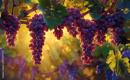 Sunlight filtering through bunches of ripe purple grapes hanging from a vineyard.