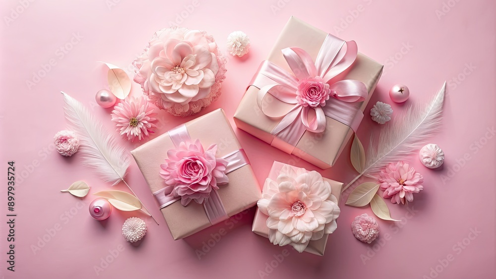 Pink gift boxes wrapped in paper flowers and feathers, mockup, gift, boxes, pink, wrapped, paper flowers, feathers Pink gift boxes wrapped in paper flowers and feathers, mockup, gift, boxes, pink, wrapped, paper flowers, feathers