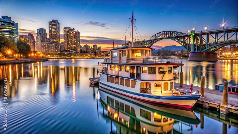 Fototapeta premium Ferry boat docked at Granville Island at twilight in Vancouver, Canada , ferry boat