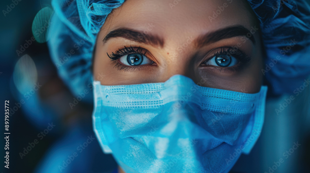 Close-up of a healthcare worker wearing a protective mask and surgical cap, emphasizing safety and dedication in medical environments. Close-up of a healthcare worker wearing a protective mask and surgical cap, emphasizing safety and dedication in medical environments.