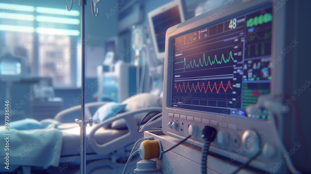 A medical monitor displaying vital signs in a hospital room with a blurred bed in the background. A medical monitor displaying vital signs in a hospital room with a blurred bed in the background.