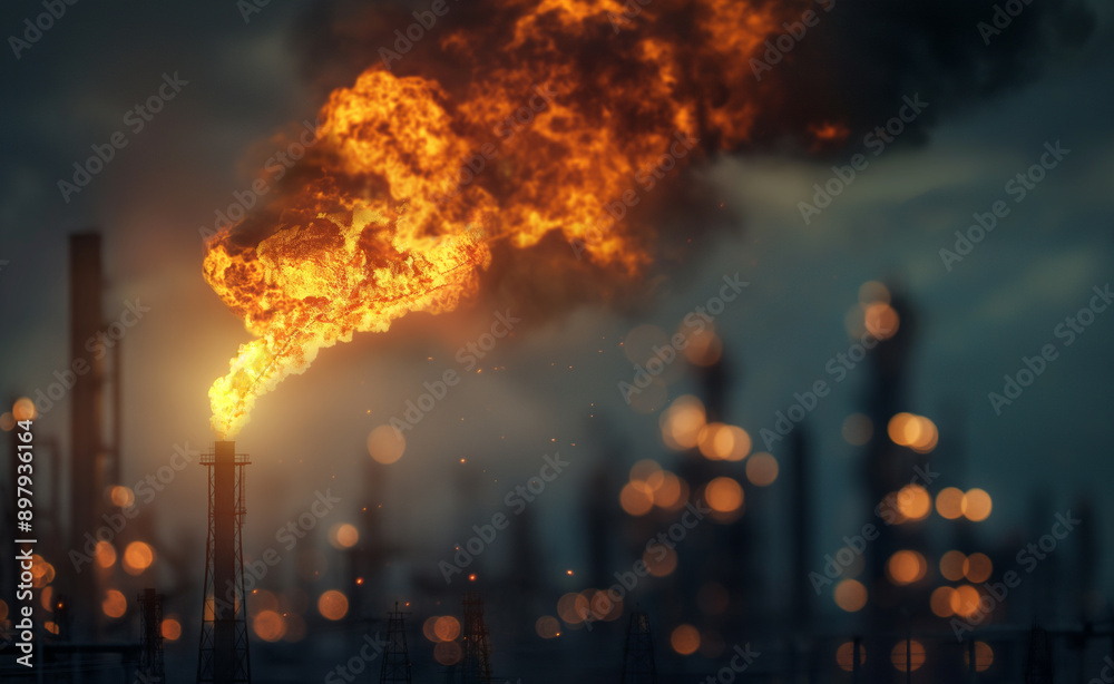 Fototapeta premium Industrial plant with a large flame emitting from a smokestack during nighttime.
