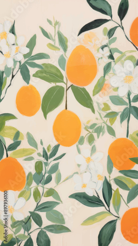 Vibrant citrus-themed floral artwork