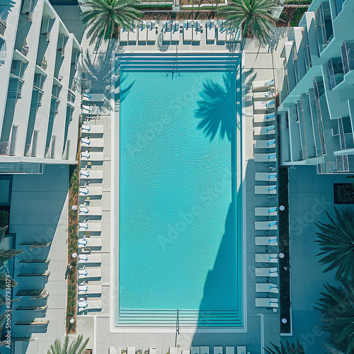 Swimming Pool and Palm Trees at Luxury Condo, Resort, Hotel for Vacation, Hospitality or Travel Industry Advertising, Top Down View