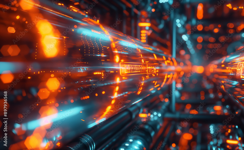 Glowing orange and blue neon lights inside a futuristic industrial pipe system. Glowing orange and blue neon lights inside a futuristic industrial pipe system.