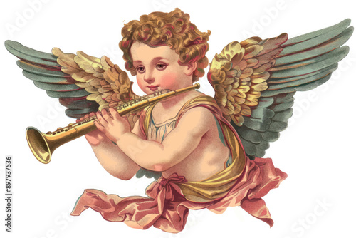 Cherubic angel playing golden flute