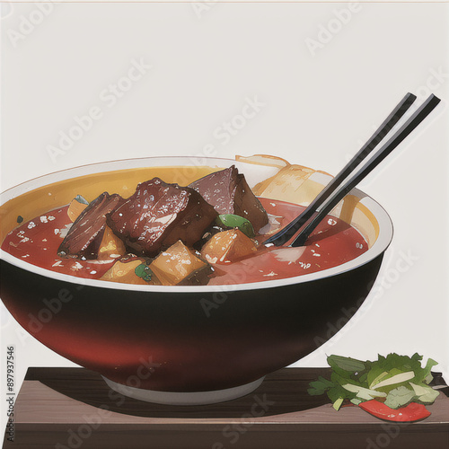 A hearty stew with rice and a mix of vegetables, featuring beef and spices, served in a bowl for a delicious and healthy meal