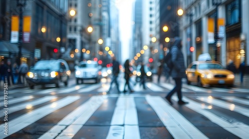 Fototapeta Naklejka Na Ścianę i Meble -  Blurred Bustling Chicago City Crosswalk at Nightfall with Pedestrians and Cityscape