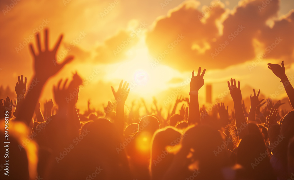 A crowd of people with raised hands at a lively outdoor concert during sunset. A crowd of people with raised hands at a lively outdoor concert during sunset.