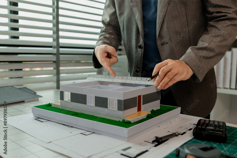 An architect works in the office, an engineer is using a tool to take measurements of a house model so that it matches the blueprint, there is a house model on the architect's desk An architect works in the office, an engineer is using a tool to take measurements of a house model so that it matches the blueprint, there is a house model on the architect's desk