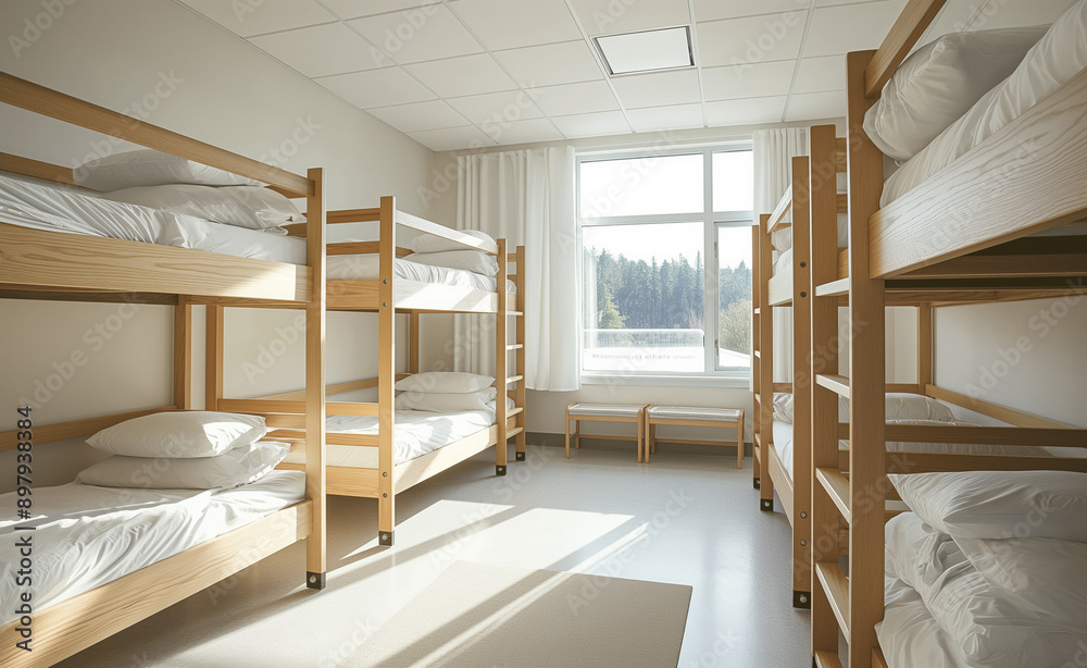 Fototapeta premium A bright, clean dormitory room with wooden bunk beds and large windows.