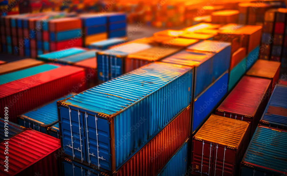 Fototapeta premium Rows of colorful shipping containers stacked high at a port during sunset.