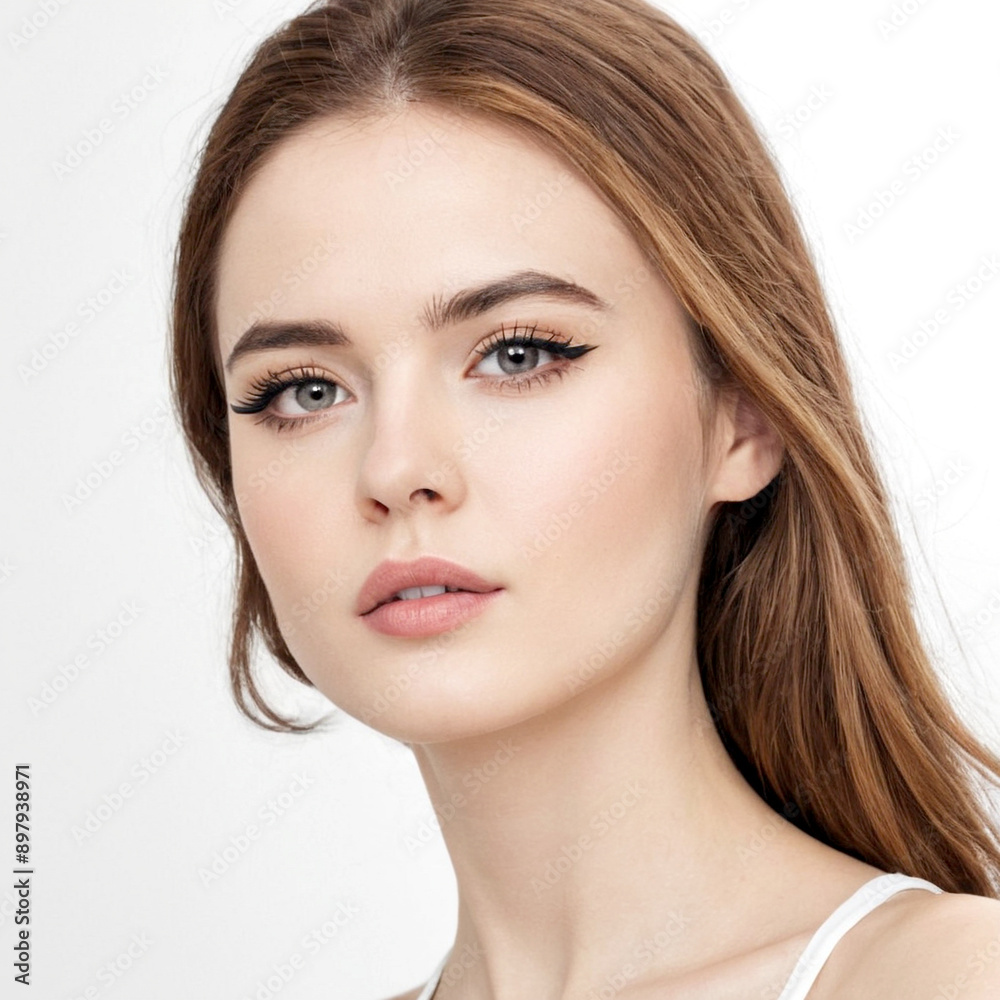 Woman with long brown hair and white tank top Woman with long brown hair and white tank top