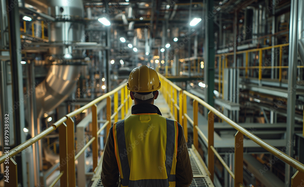 A worker in a yellow vest and helmet observes the intricate network of pipes in a large industrial facility. A worker in a yellow vest and helmet observes the intricate network of pipes in a large industrial facility.