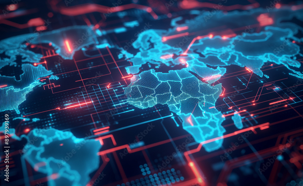 A digital map of Europe, Africa, and Asia with glowing blue and red data points and network lines. A digital map of Europe, Africa, and Asia with glowing blue and red data points and network lines.