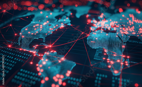 A digital map of North and South America with glowing red and blue data points and grid lines.