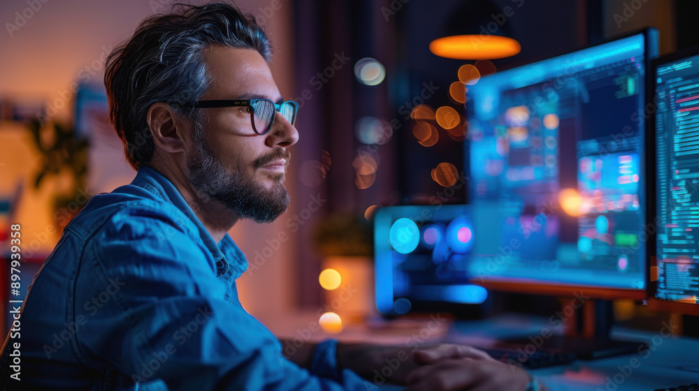 A focused programmer working late at night in a dimly lit office, surrounded by multiple computer screens. A focused programmer working late at night in a dimly lit office, surrounded by multiple computer screens.