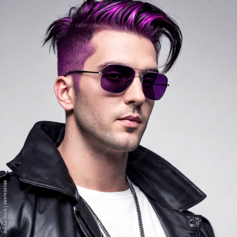Obraz premium A man with vibrant purple hair and stylish sunglasses