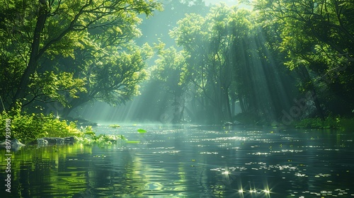 Fresh Green Landscape with Sunlight Through Trees
