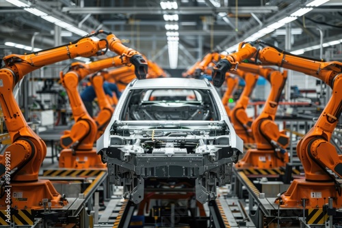 Orange robotic arms in EV car factory assembly line