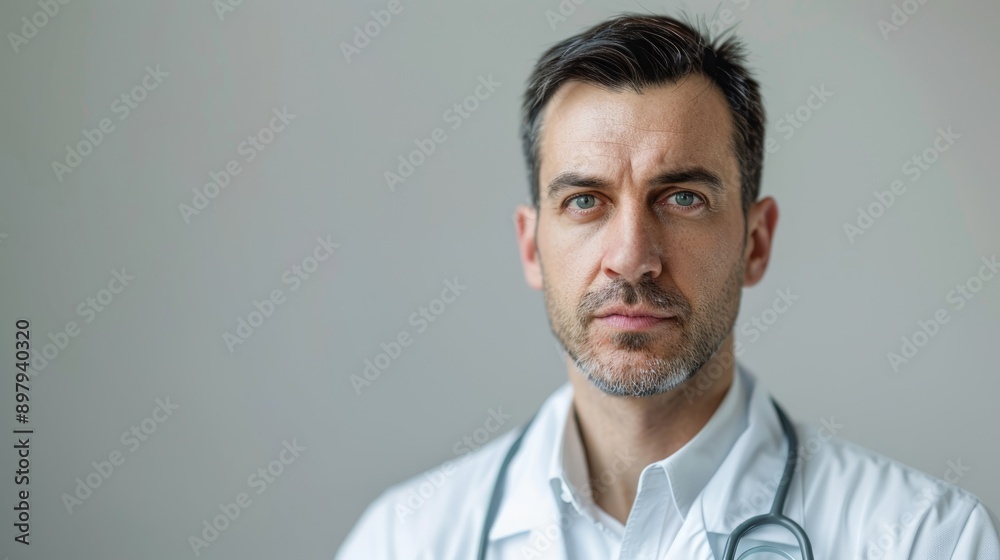 Close-up of a doctor with a focused expression, captured in a raw photo against a plain background, illustrating dedication and clinical professionalism Close-up of a doctor with a focused expression, captured in a raw photo against a plain background, illustrating dedication and clinical professionalism