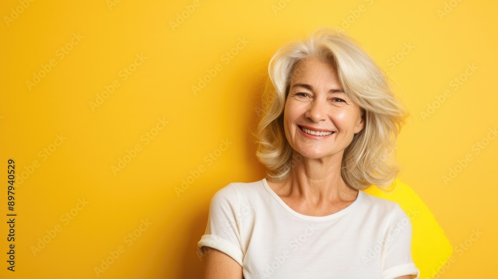 Half-body photo of a middle-aged woman, smiling brightly with a solid yellow background and ample copy space on the right side Half-body photo of a middle-aged woman, smiling brightly with a solid yellow background and ample copy space on the right side