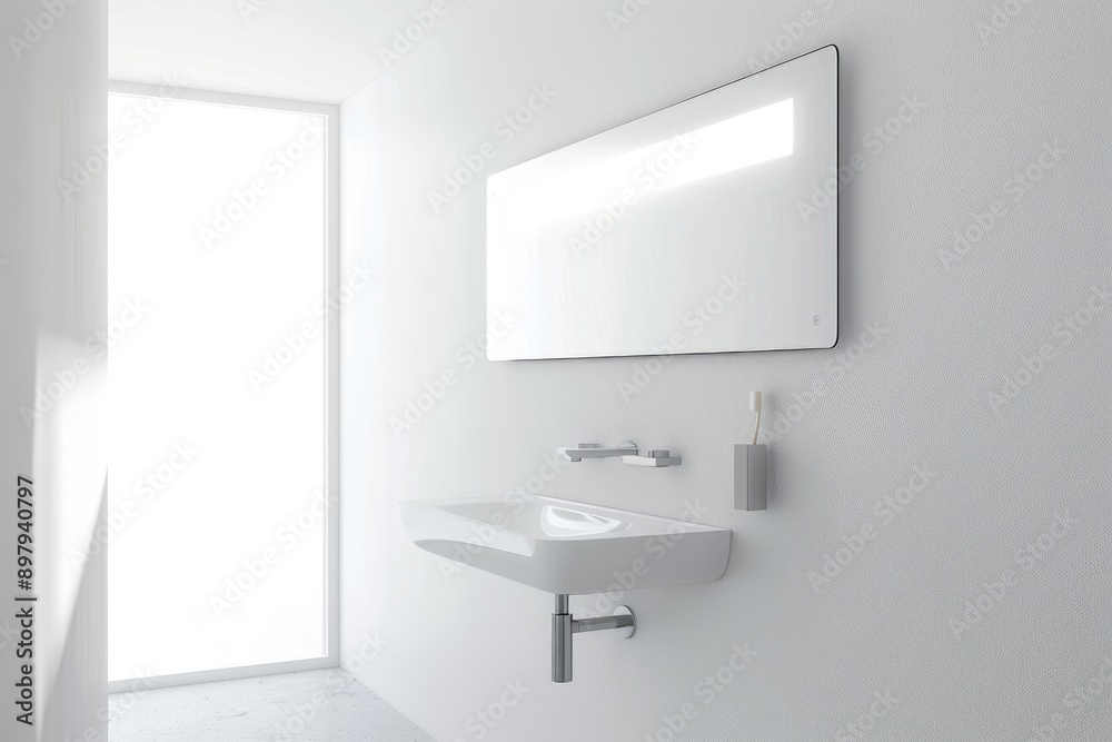 Minimalistic white bathroom with a sleek white sink and a frameless mirror, highlighting simplicity. Minimalistic white bathroom with a sleek white sink and a frameless mirror, highlighting simplicity.