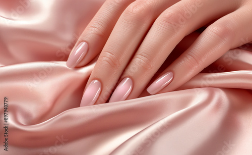 Wallpaper Mural Manicured hands resting on soft pink satin fabric. Torontodigital.ca